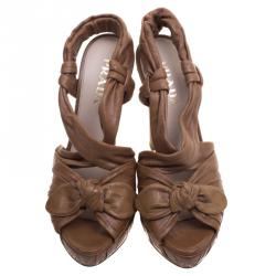 Pre Owned Prada Brown Leather Bow Detail Platform Slingback Sandals Size 35