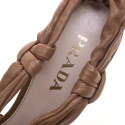 Pre Owned Prada Brown Leather Bow Detail Platform Slingback Sandals Size 35