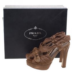 Pre Owned Prada Brown Leather Bow Detail Platform Slingback Sandals Size 35