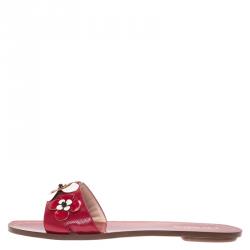 Pre Owned Prada Red Saffiano Leather Floral Embroidered Flat Slides Size 39