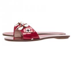 Pre Owned Prada Red Saffiano Leather Floral Embroidered Flat Slides Size 39