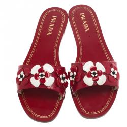 Pre Owned Prada Red Saffiano Leather Floral Embroidered Flat Slides Size 39