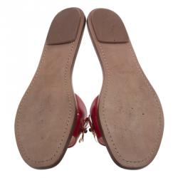 Pre Owned Prada Red Saffiano Leather Floral Embroidered Flat Slides Size 39