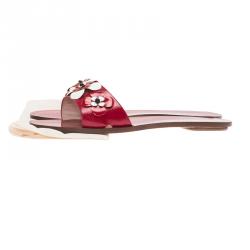 Pre Owned Prada Red Saffiano Leather Floral Embroidered Flat Slides Size 39