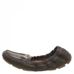 Pre Owned Prada Olive Green Leather Scrunch Loafers Size 39
