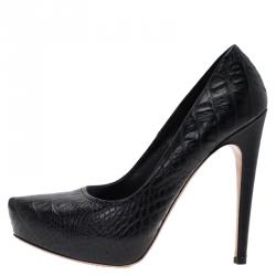 Pre Owned Prada Black Croc Embossed Platform Pumps Size 39