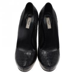 Pre Owned Prada Black Croc Embossed Platform Pumps Size 39