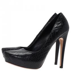 Pre Owned Prada Black Croc Embossed Platform Pumps Size 39