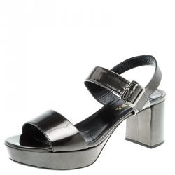 Prada Grey Metallic Patent Leather Ankle Strap Block Heel Sandals Size 40