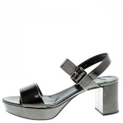 Prada Grey Metallic Patent Leather Ankle Strap Block Heel Sandals Size 40