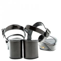 Prada Grey Metallic Patent Leather Ankle Strap Block Heel Sandals Size 40