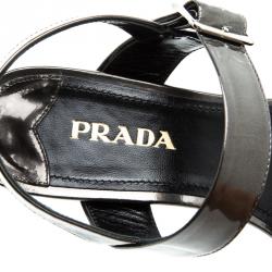 Prada Grey Metallic Patent Leather Ankle Strap Block Heel Sandals Size 40