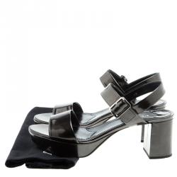 Prada Grey Metallic Patent Leather Ankle Strap Block Heel Sandals Size 40