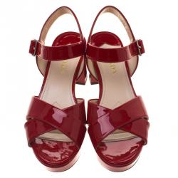 Pre Owned Prada Red Patent Leather Criss Cross Ankle Strap Block Heel Platform Sandals Size 38