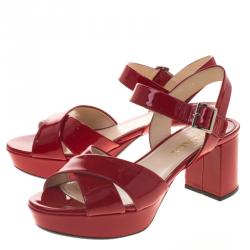 Pre Owned Prada Red Patent Leather Criss Cross Ankle Strap Block Heel Platform Sandals Size 38