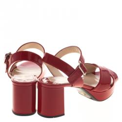 Pre Owned Prada Red Patent Leather Criss Cross Ankle Strap Block Heel Platform Sandals Size 38