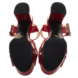 Pre Owned Prada Red Patent Leather Criss Cross Ankle Strap Block Heel Platform Sandals Size 38
