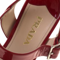Pre Owned Prada Red Patent Leather Criss Cross Ankle Strap Block Heel Platform Sandals Size 38