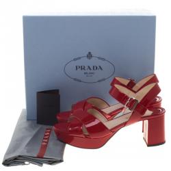 Pre Owned Prada Red Patent Leather Criss Cross Ankle Strap Block Heel Platform Sandals Size 38
