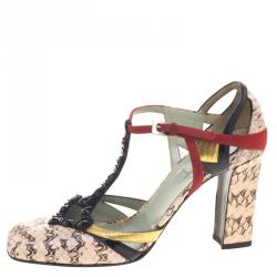Pre Owned Prada Multicolor Python, Leather and Suede T Strap Block Heel Pumps Size 36 