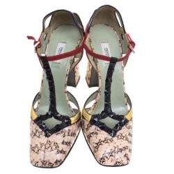 Pre Owned Prada Multicolor Python, Leather and Suede T Strap Block Heel Pumps Size 36 