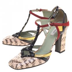 Pre Owned Prada Multicolor Python, Leather and Suede T Strap Block Heel Pumps Size 36 