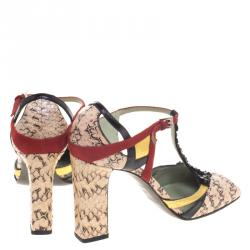 Pre Owned Prada Multicolor Python, Leather and Suede T Strap Block Heel Pumps Size 36 