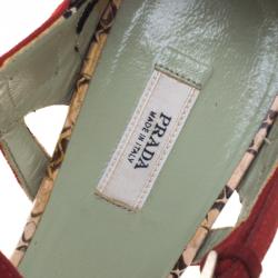Pre Owned Prada Multicolor Python, Leather and Suede T Strap Block Heel Pumps Size 36 