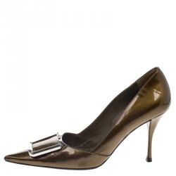 Pre Owned Prada Brown Metallic Patent Leather Pointed Toe Buckle Pumps Size 37