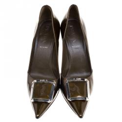 Pre Owned Prada Brown Metallic Patent Leather Pointed Toe Buckle Pumps Size 37