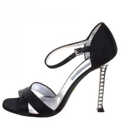 Prada Black Satin Jeweled Heel Criss Cross Ankle Strap Sandals Size 40