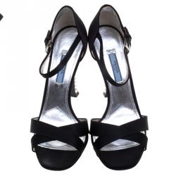 Prada Black Satin Jeweled Heel Criss Cross Ankle Strap Sandals Size 40