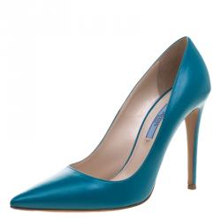 Pre Owned Prada Teal  Leather Pointed Toe Pumps Size 39.5