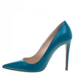 Pre Owned Prada Teal  Leather Pointed Toe Pumps Size 39.5