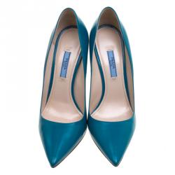 Pre Owned Prada Teal  Leather Pointed Toe Pumps Size 39.5