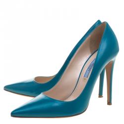 Pre Owned Prada Teal  Leather Pointed Toe Pumps Size 39.5