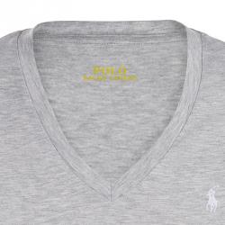 Pre Owned تي شيرت بولو رالف لورين قطن رقبة حرف V شعار أبيض/ رصاصي M