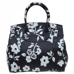 Pre Owned حقيبة رالف لورين ريكي طباعة موردة أبيض/أسود جلد ناعم