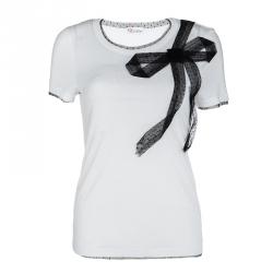Pre Owned RED Valentino White Contrast Mesh Bow Detail T-Shirt M