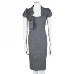 RED Valentino Grey Mini Houndstooth Bow Detail Cap Sleeve Wool Dress S