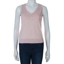Pre Owned Red Valentino Pink Embellished Mesh Overlay Sleeveless Knit Top M
