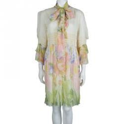 Red Valentino Multicolor Floral Printed Chiffon Smocking Detail Long Sleeve Dress M