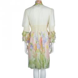 Red Valentino Multicolor Floral Printed Chiffon Smocking Detail Long Sleeve Dress M