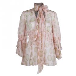 Red Valentino Blush Pink Polka Dot Print Crinkled Chiffon Smocking Detail Sheer Blouse M