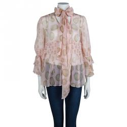 Red Valentino Blush Pink Polka Dot Print Crinkled Chiffon Smocking Detail Sheer Blouse M