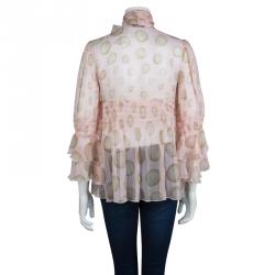 Red Valentino Blush Pink Polka Dot Print Crinkled Chiffon Smocking Detail Sheer Blouse M