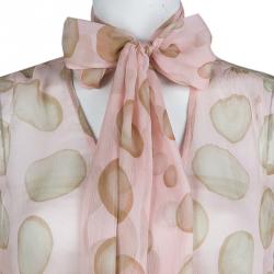 Red Valentino Blush Pink Polka Dot Print Crinkled Chiffon Smocking Detail Sheer Blouse M