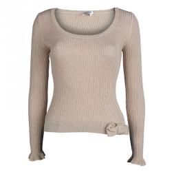 RED Valentino Beige Lurex Rib Knit Bow Detail Fitted Sweater M