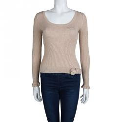 RED Valentino Beige Lurex Rib Knit Bow Detail Fitted Sweater M