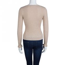 RED Valentino Beige Lurex Rib Knit Bow Detail Fitted Sweater M